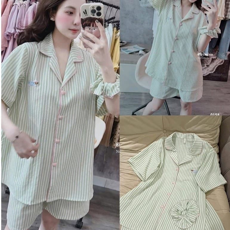 Set Bộ Nữ , Set Bộ Pijama Kẻ Viền Cúc Trái Tim