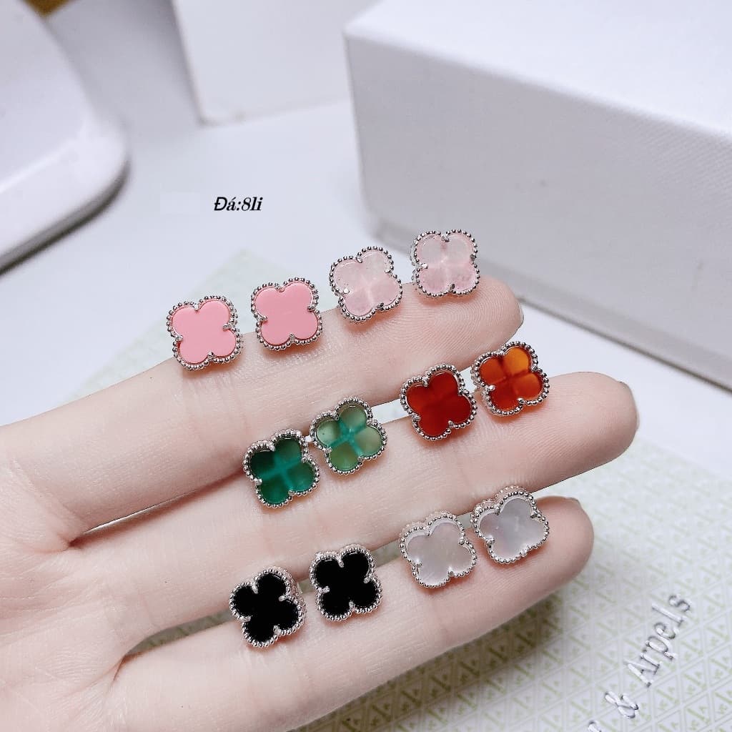 Bông tai nữ bạc bông 4 lá bạc thật đá đỏ hồng xanh trắng đen