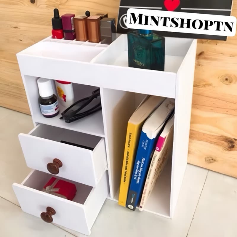 tủ mini đựng mỹ phẩm và đồ dùng học tập màu trắng núm gỗ đậm