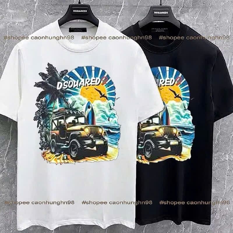 Áo phông cổ tròn DSQ họa tiết cây dừa biển in sắc nét. TÁo thun nam nữ chất cotton SU THOÁNG MÁT