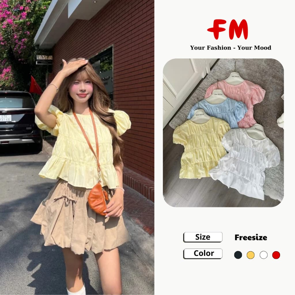 Áo Kiểu Nữ FM STYLE Tay Ngắn Bồng Cổ Tròn - Áo Babydoll Phối Chun Tầng Nhún Bèo Xinh Xắn 26010428