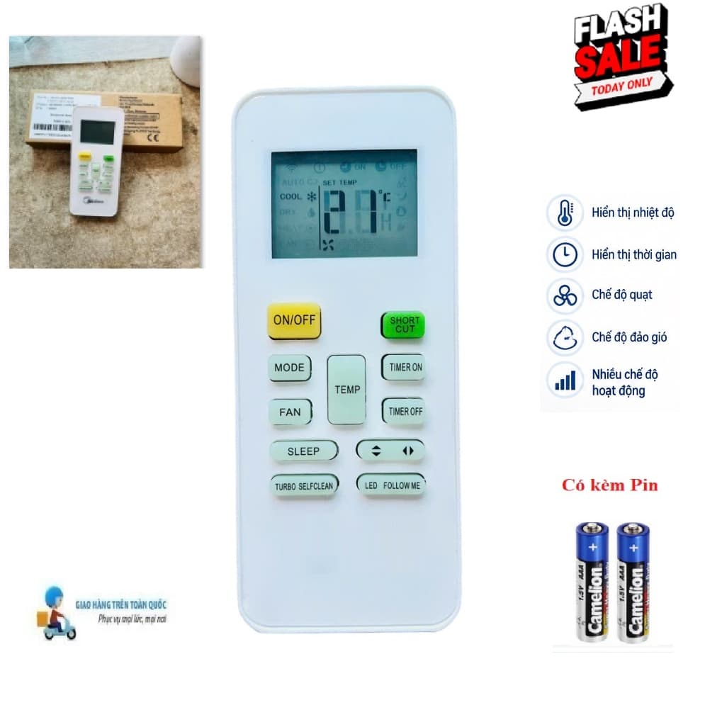 Remote Điều khiển thay thế tương thích cho điều hòa Midea- 5 LOẠI 2 chiều Inverter- HÀNG mới FULLBOX Tặng Pin