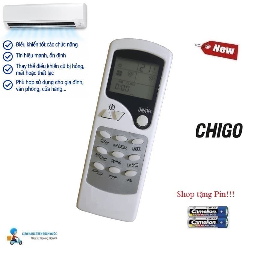 Remote Điều khiển thay thế tương thích cho điều hòa Chigo- 2 LOẠI 1&2 chiều Inverter- Hàng mới Tặng Pin